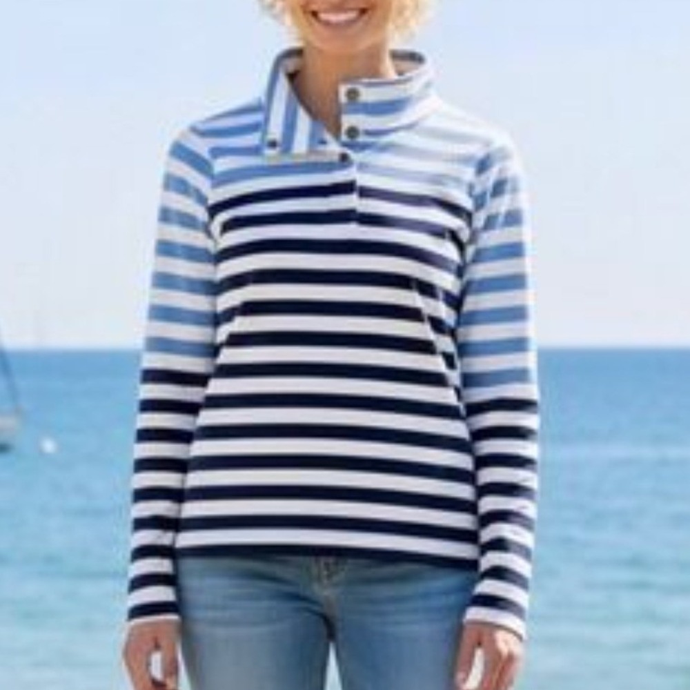 J.Crew Striped Mock Neck Pullover Henley Top‎ Blue Navy Ivory White Large